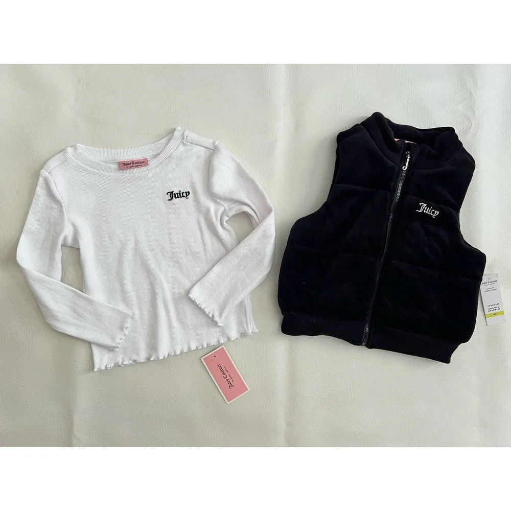 Juicy Couture Girls Black Fleece Vest & White Top Set 4T Casual Winter Beaded